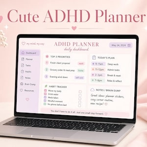 May include: A laptop screen displaying a digital ADHD planner with a daily dashboard interface. The layout includes sections for top priorities, a daily schedule, a habit tracker, and notes, all presented in a soft pastel color palette.