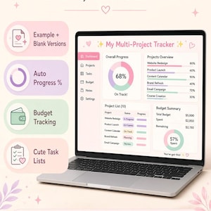 Könnte beinhalten: Ein Laptop zeigt eine Multi-Project Tracker Tabelle mit Abschnitten für den Gesamtfortschritt, Projektlisten und Budgetübersichten. Die Benutzeroberfläche weist pastellfarbene Akzente in Rosa, Grün und Lila auf, mit Symbolen für Aufgaben, Notizen und Einstellungen sowie Textbeschriftungen für Funktionen.