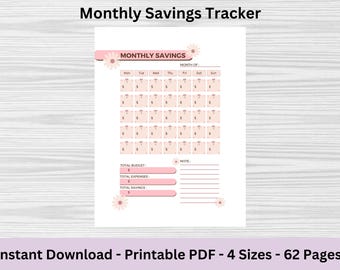 Monthly Savings Tracker Printable: Budget Planner (A4/A5/US Letter/Happy Planner) (Digital Download)