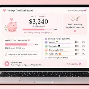 Könnte beinhalten: Ein Laptop-Bildschirm zeigt ein Sparziel-Dashboard in einem rosa Farbschema. Die Benutzeroberfläche enthält ein Sparschwein-Symbol, einen Gesamtsparbetrag von 3.240 $ von 5.000 $, einen Fortschrittsbalken bei 65 % und eine Zusammenfassung der Rücklagen.