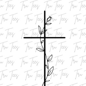以下が含まれることがあります： 中央に蔓が這う十字架の白黒の線画。蔓には葉と花が咲いています。