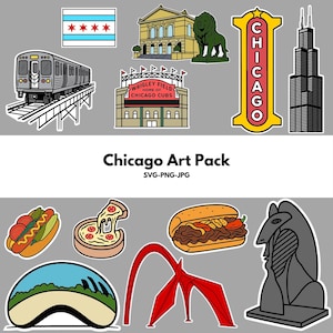 Puede incluir: Un conjunto de pegatinas con temática de Chicago, que incluye la bandera de la ciudad, edificios icónicos, un tren y alimentos como pizza y perritos calientes. También se incluye el texto "Chicago Art Pack".
