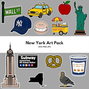 Op de afbeelding: Een verzameling stickers met het thema New York City. Bevat een gele taxi, een rode appel, het Vrijheidsbeeld, een honkbalpet, een bagel, een hotdogkar, het Empire State Building, een metro-bord, een pretzel, een koffiekopje, een duif en een Wall Street-bord.