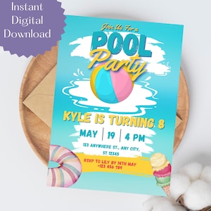 Editable Pool Birthday Invite, Pool Party Invitation, Printable Summer Swimming Any Age Birthday Party Invite, Instant Download