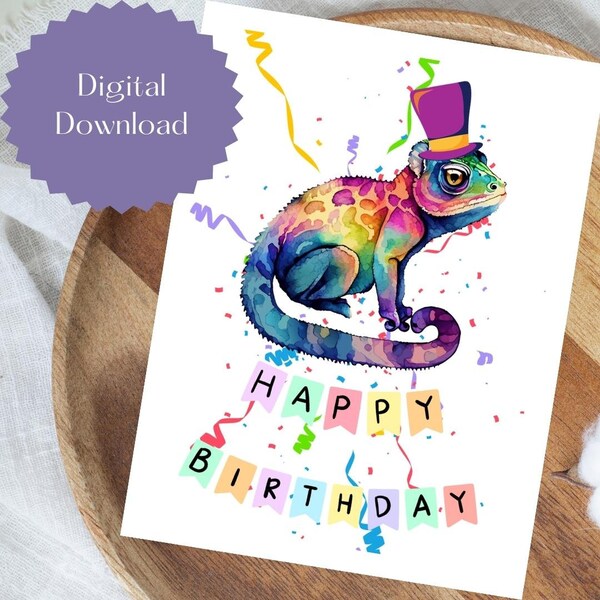 Birthday Card, Gecko Birthday Card, Watercolor Birthday Card, Birthday Card for Anyone, Digital Download