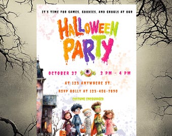 Editable Little Monsters' Halloween Party Invitation, Monsters Costume Party Invite, Kids Spooky Invite Template, Birthday Party Invitation