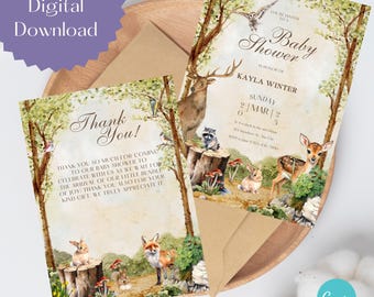 Woodland Baby Shower Invitation, Girl Baby Shower Invite, Boy Baby Shower, Woodland Baby Shower, Forest Animals Baby Shower Invite, Canva