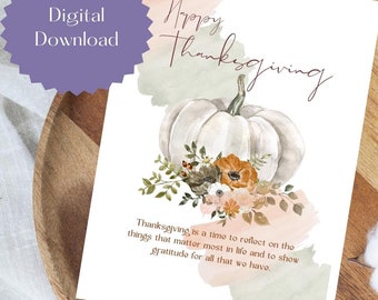 Thanksgiving Greeting card, Fall Pumpkin with Flowers, Digital Download, Instant Download