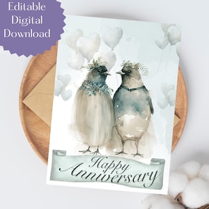Anniversary Card, Wedding Anniversary Card, Penguin Love, Card for Wife, Card for Husband, Anniversary Cards for Men, Instant Download