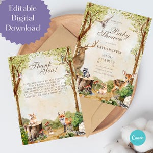 Woodland Baby Shower Invitation, Girl Baby Shower Invite, Boy Baby Shower, Woodland Baby Shower, Forest Animals Baby Shower Invite, Canva