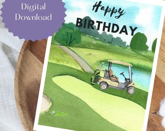 Golf Happy Birthday Card, Golf Birthday Card, Watercolor Birthday Card, Golfing, Golf Course, Digital Download