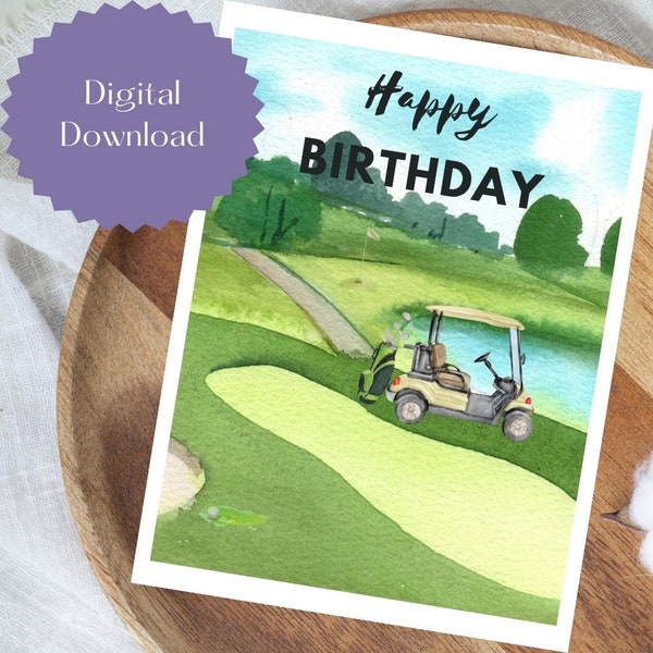 Golf Happy Birthday Card, Golf Birthday Card, Watercolor Birthday Card, Golfing, Golf Course, Digital Download