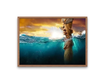 Digital Jesus portrait, Jesus rescuing Peter during the storm, Picture of the hand of Jesus saving Peter, the disciple Peter, Christian art