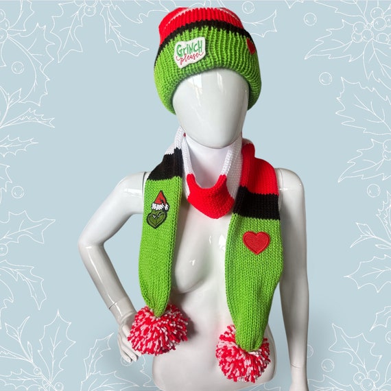 The Grinch Santa Hat Beanie & Scarf Set - Jacquard Knit Winter Set, 100% Acrylic, Officially Licensed
