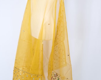 Yellow Sequin Dupatta, Hand Embroidered Organza Shawl, Indian Wedding Scarf