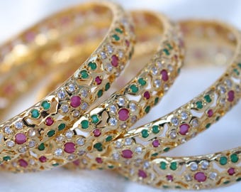 Multicolor Stone Bangles | Gold CZ Indian Kada Set | Bridal & Party Jewelry | Pink Green CZ Bangles | Free U.S. Shipping | Deccan Treasures
