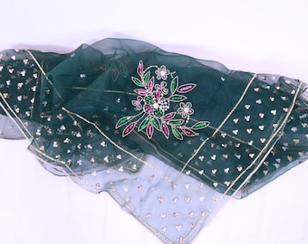 Handmade Green Organza Dupatta, Sequin Floral Indian Scarf
