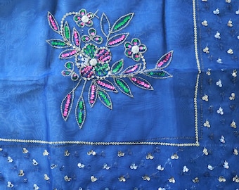 Navy Blue Sequin Organza Dupatta, Handmade Floral Indian Shawl