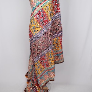 Multicolor Patchwork Mirror Work Dupatta, Pakistani Wedding Shawl, Sheesha Embroidered Festive Chunni, Luxury South Asian Wrap