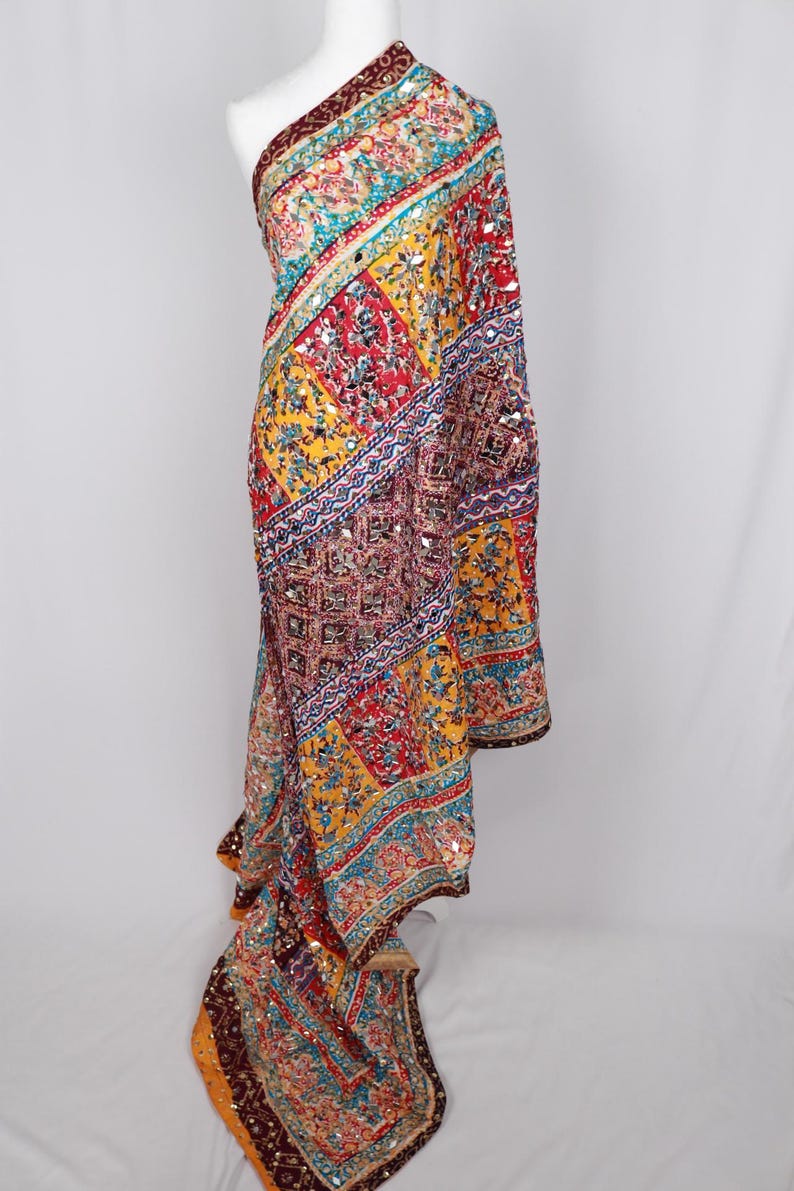 Multicolor Patchwork Mirror Work Dupatta, Pakistani Wedding Shawl ...