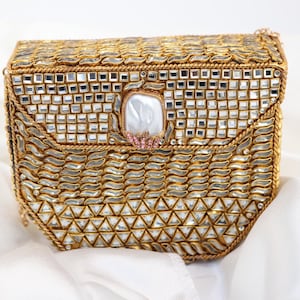 Gold Kundan Metal Clutch Purse | Indian Pakistani Bridal Evening Bag | Mirror Work Wedding Guest Handbag | Eid Diwali Bag