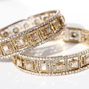 Modern Gold Kundan Bangles – Square-Cut Mirror Stone Bangles | Statement Indian Jewelry | Bridal & Partywear Kada | Polki | Deccan Treasures