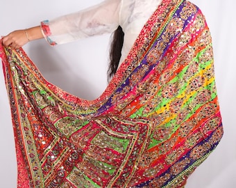 Handmade Mirror Work Silk Dupatta, Multicolor Embroidered Indian Shawl