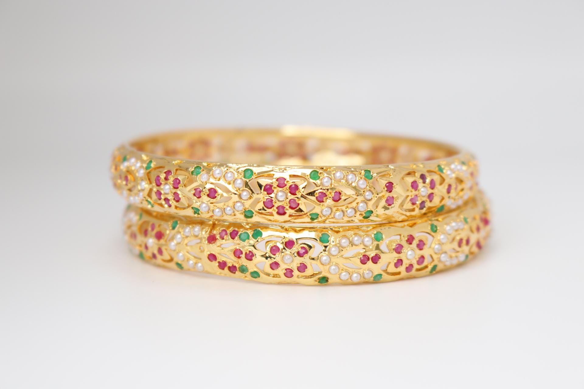 Multicolor Stone Bangles | Gold CZ Indian Kada Set | Bridal & Party Jewelry | Pink Green CZ Bangles | Free U.S. Shipping | Deccan Treasures