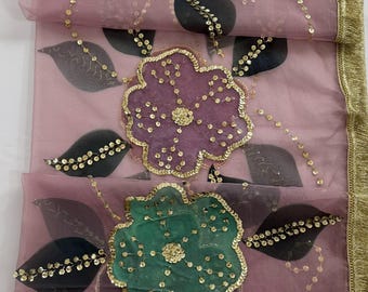 Hand Painted Lilac Mauve Organza Dupatta with Gold Sequins, Floral Bridal Dupatta, Pakistani Wedding Dupatta, Ethnic Party Wear Scarf