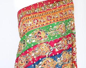 Handmade Mirror Work Dupatta, Multicolor Embroidered Silk Shawl, Pakistani Wedding Shawl