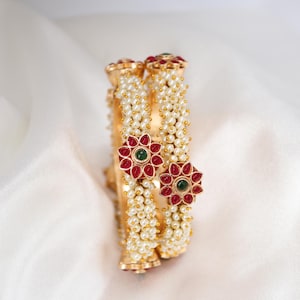 Openable Kundan Pearl Bangle Set, Polki Bridal Kada Bracelet, Gold Indian Wedding Jewelry