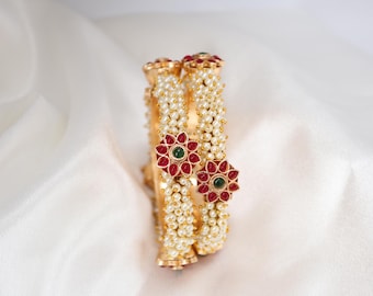 Gold Pearl Bangles | Indian Bridal Kada | Bollywood Jewelry | Pearl Bangle Set | Traditional Indian Jewelry | Handmade Kundan Bangles | Gift