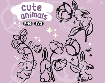 design floral SVG de animal fofo - Arquivo de vinil de corte a laser de silhueta - clipart de animal fofo coelho coala - clipart de berçário SVG