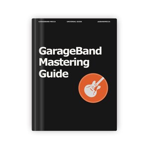May include: Black book cover with white text that reads "GarageBand Mastering Guide". A white electric guitar icon is inside a red circle.