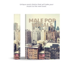 Puede incluir: Una portada de producto con un fondo de ciudad. El texto de la portada dice "Garageband Vocal Presets Male Pop Vocals".