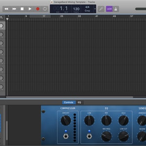 May include: A screenshot of a digital audio workstation (DAW) interface showing a multi-track audio recording session. The interface includes a timeline, track controls, and a mixer with various audio effects plugins, including a compressor, equaliser, and reverb.