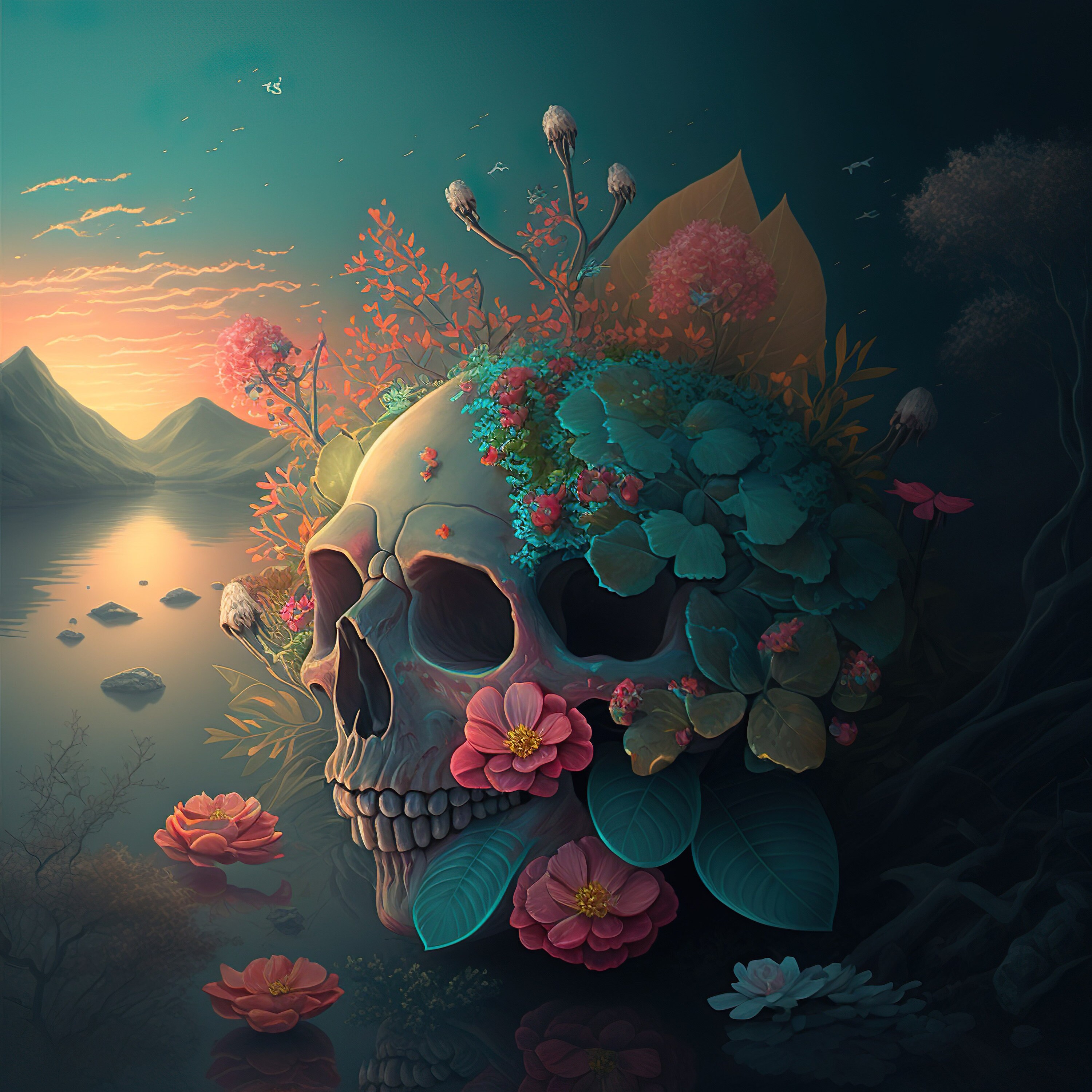 Skull With Flowers, Landscape Art, Wall Art, Room Decor Printable Wall ...
