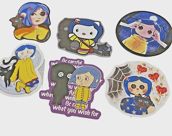 May include: A collection of colorful stickers featuring characters from the animated film "Coraline." The stickers depict the main character with blue hair and a yellow raincoat, along with a black cat. Some stickers include text that reads "Be careful what you wish for."