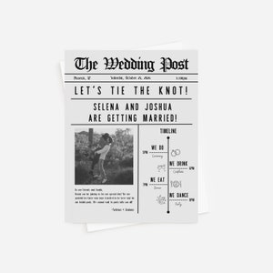 Könnte beinhalten: Eine schwarz-weiße Hochzeitsanzeige im Zeitungs-Stil für Selena und Joshua. Die Anzeige enthält ein Foto des Paares, einen Zeitplan für den Hochzeitstag und den Text "Let's tie the knot!"