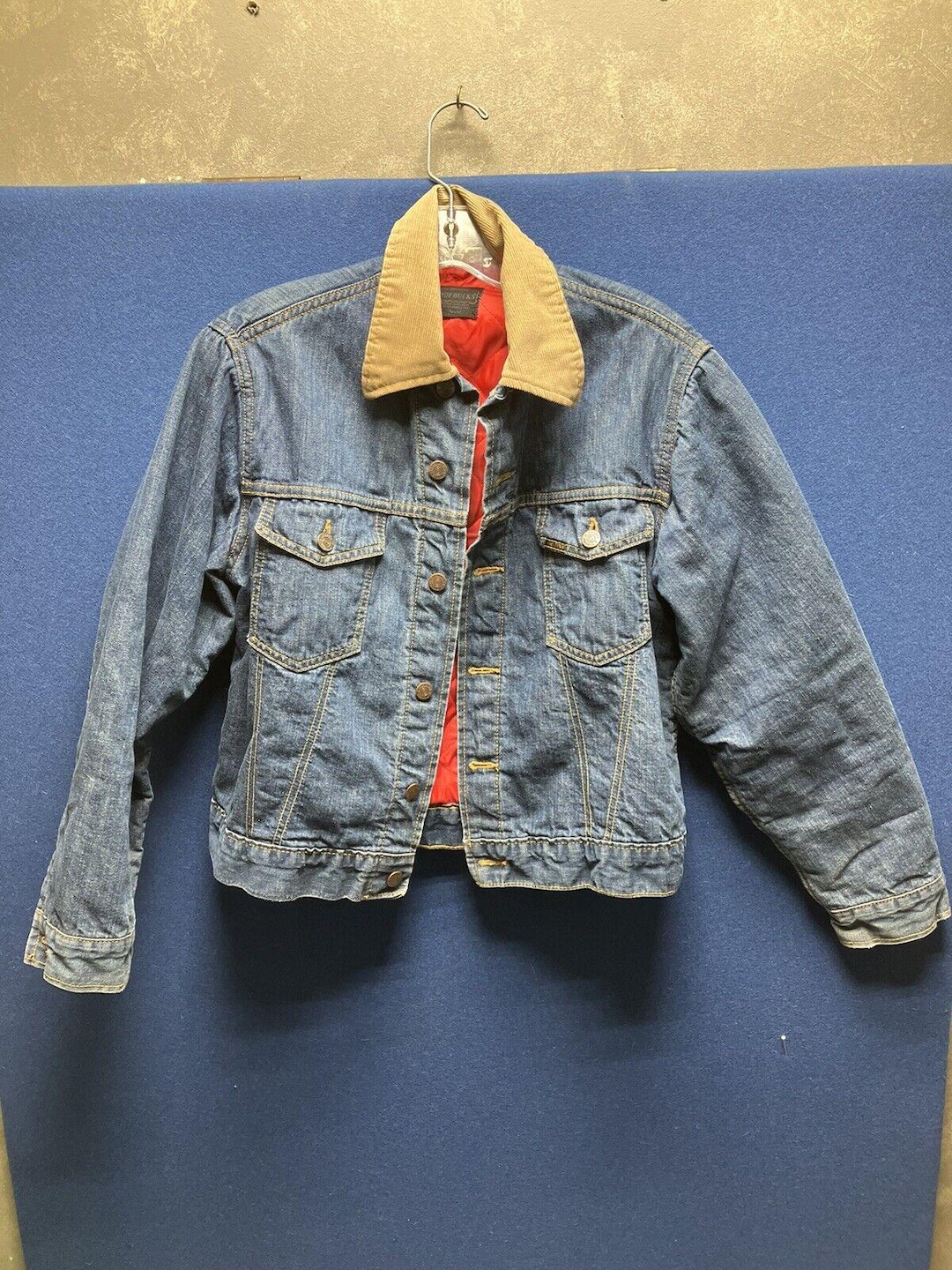 Sears Roebuck Denim Jacket Size 38 R Tan Corduroy Collar Red Lined