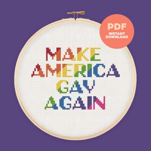 May include: A rainbow cross-stitch pattern in a wooden embroidery hoop with the text "MAKE AMERICA GAY AGAIN".