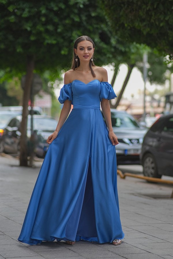 Navy Blue Maxi Silk Satin Dress, Midnight Blue Extra Full Length Slip Dress, adjustable Spaghetti Straps, Silky Deep V Neck Bias Cut Dress 