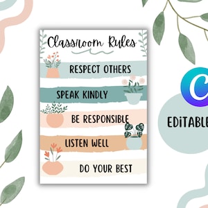 Boho Leaves Themed Classroom Rules Poster Editable Printable Canva Template Rules Greenery