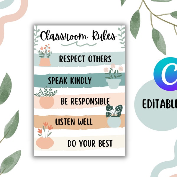 Boho Leaves Themed Classroom Rules Poster Editable Printable Canva Template Rules Greenery