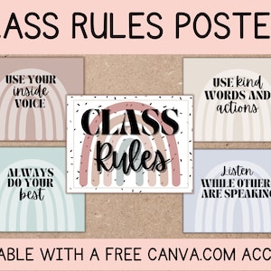 EDITABLE Classroom Rules Posters | Printable Bulletin Board Posters | Elementary School | Teacher Printable | Class Rules | Canva Template