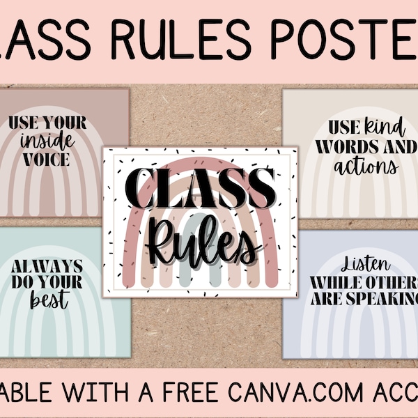 EDITABLE Classroom Rules Posters | Printable Bulletin Board Posters | Elementary School | Teacher Printable | Class Rules | Canva Template