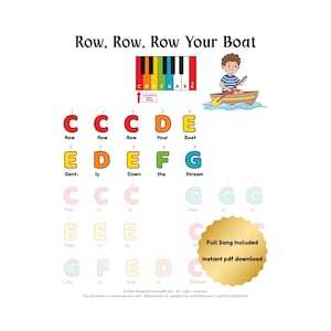 Op de afbeelding: Een muziekleerblad voor Row, Row, Row Your Boat met een kleurrijk pianotoetsenborddiagram, een cartoon van een kind in een boot en grote letter-noten met songteksten. Een gouden badge vermeldt Full Song Included Instant pdf download.