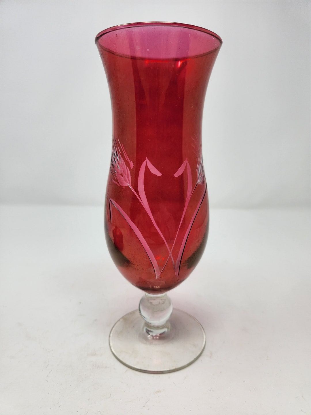 Vintage Cranberry Etched Glass Vase Etsy
