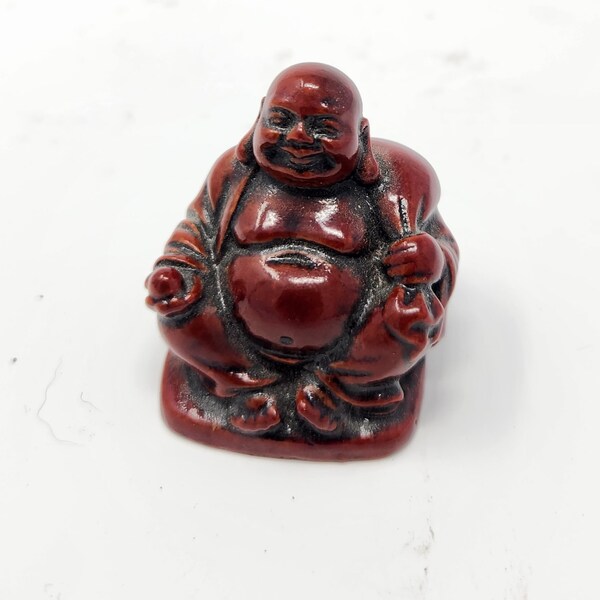 Miniature Cherry Resin Laughing Buddha with Pearl & Sack