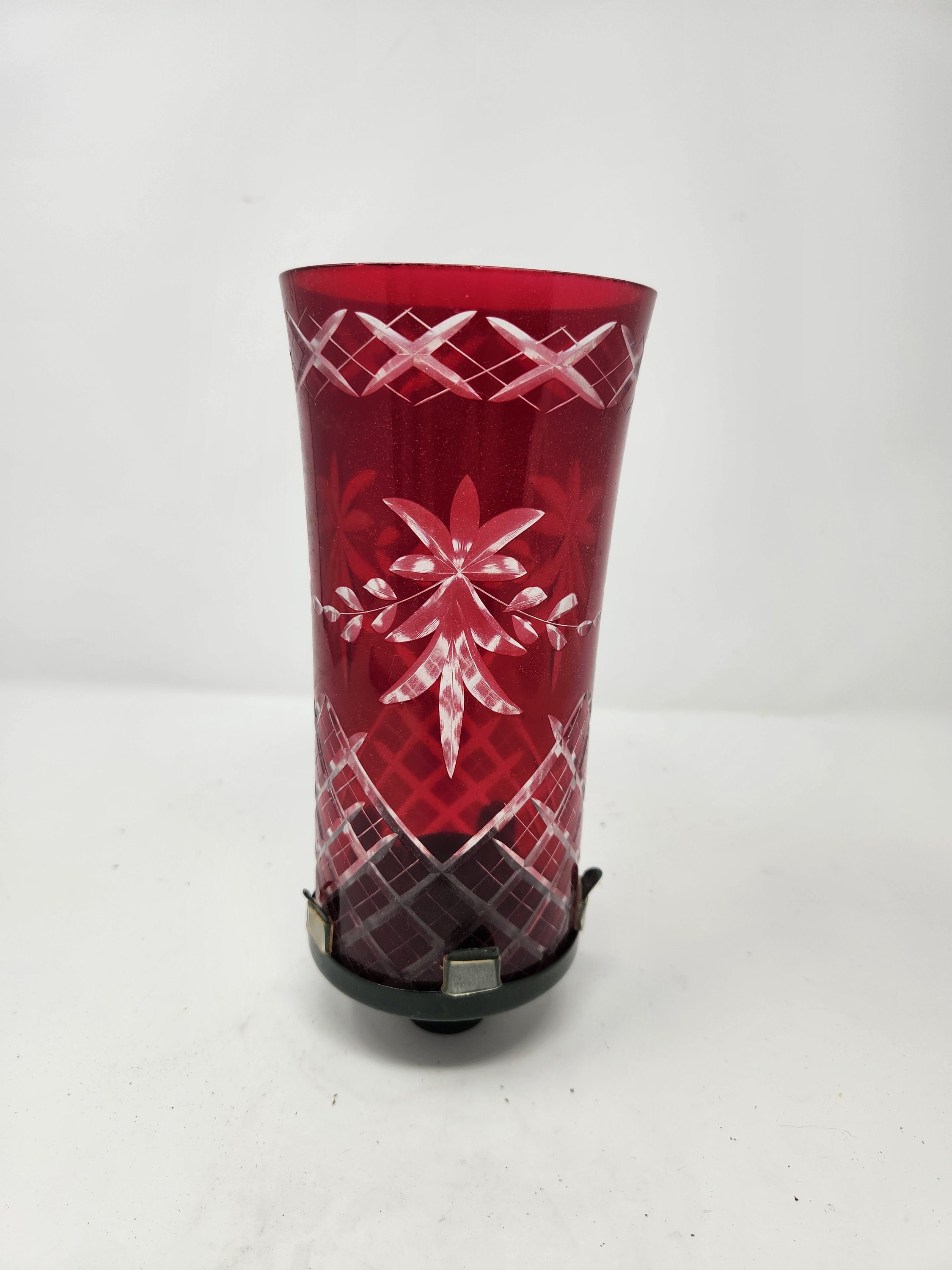 Czech Ruby Red Etched Cut-to-clear Glass Candle Flash on Czech Ruby Red Etched Cut-to-clear Glass Candle Flash on
